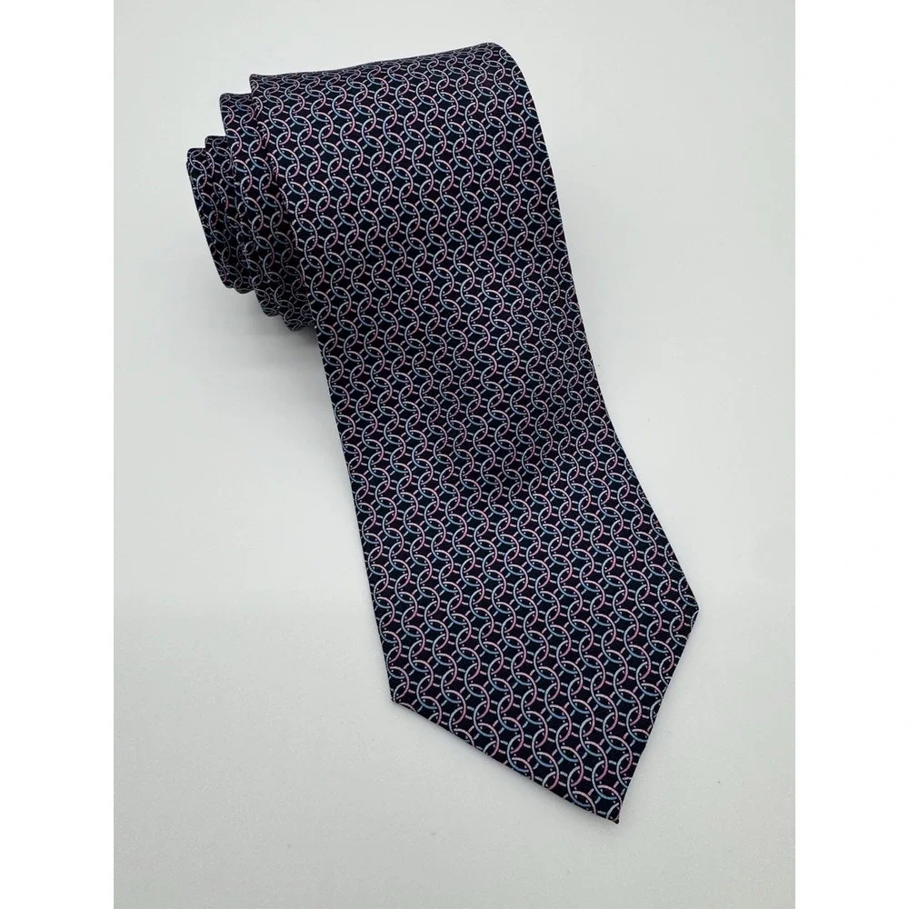 Bloomingdale's Men's Store Silk Tie‎ Navy Pink Blue Geometric Chain Pattern